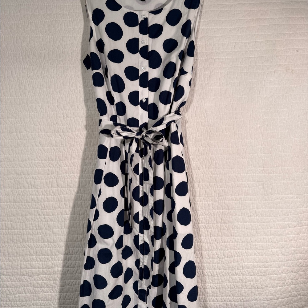 Talbots Sleeveless White Dress with Navy Polka Dots and Waist Tie
